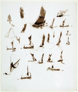 Studia nad łodziami mieszkalnymi na Tamizie (Anglia). Gwasz z notatnika, około 1890 roku, autorstwa Williama Lionela Wyllie (1851-1931). autorstwa William Lionel Wyllie