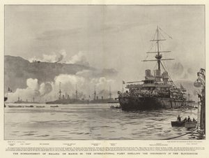 Bombardowanie Malaxy 23 marca, międzynarodowa flota ostrzeliwała Powstańców w bunkrze autorstwa William Lionel Wyllie