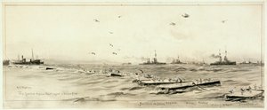Niemiecka flota pełnomorska w klatce w Scapa, ok. 1918 r. (pranie, szary, wzmocniony białym) autorstwa William Lionel Wyllie