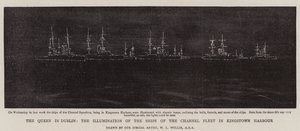 Królowa w Dublinie, iluminacja statków floty kanałowej w porcie Kingstown autorstwa William Lionel Wyllie