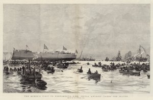 Wizyta królowej w Portsmouth, HMS Royal Arthur płynie po wodzie autorstwa William Lionel Wyllie