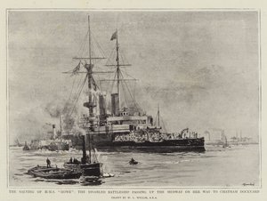 Salwowanie HMS Howe, Niepełnosprawny pancernik płynący w górę Medway w drodze do stoczni Chatham autorstwa William Lionel Wyllie