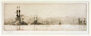 Amerykańskie pancerniki "New York" i "Texas" u wybrzeży Rosyth, ok. 1918 r. (akwaforta, pokryta grafitem) autorstwa William Lionel Wyllie