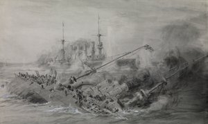 Ostatni z okrętów "Scharnhorst" i "Gneisenau"; bitwa o Falklandy, 8 grudnia 1914 r., ok. 16.15, ok. 1915-18 r. (pranie, kolor szary, wzmocniony białym) autorstwa William Lionel Wyllie