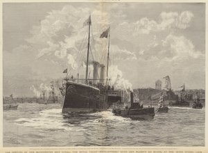 Otwarcie kanału Manchester Ship Canal, Królewskiej Czarodziejki Jachtów z Jej Wysokością na pokładzie, w Mode Wheel Lock autorstwa William Lionel Wyllie