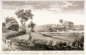 Widok na zachód od Chelsea Bridge, Londyn, ok. 1760 autorstwa William Lodge
