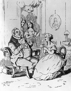 Pan Joseph Sedley uwikłany przez Becky Sharp, ilustracja do pierwszego rozdziału Vanity Fair, powieść Williama Makepeace Thackeraya (1811-1863), rycina według rysunku Williama Makepeace Thackeraya (1811-1863), opublikowana w Chicago w 1882