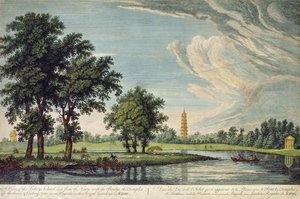 Kew, widok na jezioro i wyspę widziany z trawnika, z mostem, świątyniami Aretuzy i Zwycięstwa oraz Wielką Pagodą w Ogrodach Królewskich w Kew autorstwa William Marlow
