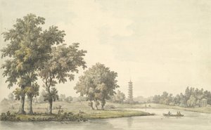 Widok na jezioro i wyspę z trawnika w Kew, 1763. autorstwa William Marlow