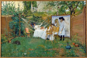 Śniadanie na świeżym powietrzu około 1888 r. Młode kobiety w ogrodzie, jedna z nich leży w hamaku. Obraz Williama Merritta Chase