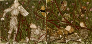 Szesnaście kafelków tworzy osiem ilustracji opowieści „Briar Rose”, 1862-1865. Artyści: William Morris, Sir Edward Coley Burne-Jones.