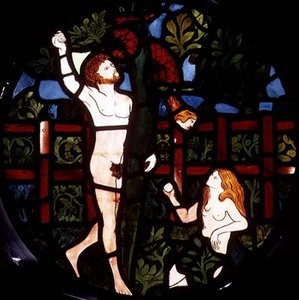 Adam i Ewa zbierają owoce, szczegół z Okna Stworzenia autorstwa William Morris