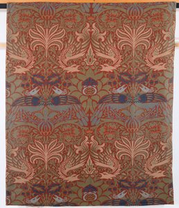 Paw, smok, ręcznie tkana skośna kurtyna, Morris & Co., 1878 autorstwa William Morris