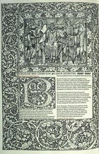 Scena z „Troilus i Criseyde”, historyczny inicjał „B”, rękopis z pełnym obramowaniem stron, 1896 autorstwa William Morris