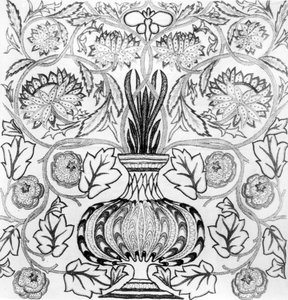 "The Flower Pot", haftowany panel zaprojektowany przez Williama Morrisa (1834-96) i wykonany przez May Morris (druk czarno-biały) autorstwa William Morris