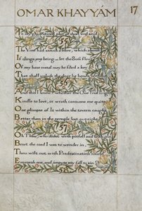 Rubajjat Omara Chajjama; wersety 55 - 57. Kaligraficznie napisany i ozdobiony przez Williama Morrisa, z obramowaniami z liści i kwiatów autorstwa William Morris