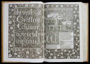 Strona tytułowa i frontyspis z „Dzieła Geoffreya Chaucera”, opublikowanego w 1896 r. przez Kelmscott Press (drzewryt) autorstwa William Morris
