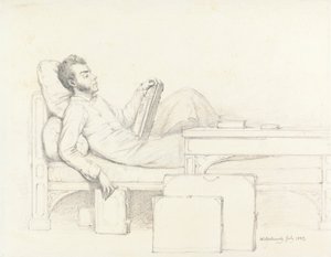 Autoportret artysty leżącego na gotyckiej kanapie i czytającego książkę autorstwa William Mulready