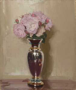 Różowe róże w srebrnym połyskującym wazonie autorstwa William Nicholson