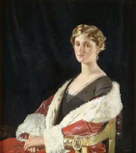 Portret Nancy Oswald Smith, siedząca do połowy długości, w czerwonym futrzanym płaszczu, 1915