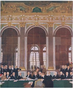 Podpisanie pokoju w Sali Lustrzanej w Pałacu Wersalskim, 28 czerwca 1919, z Historii narodu brytyjskiego Cassella wydanej przez Waverley Book Company Limited, ok. 1940 r. autorstwa William Orpen