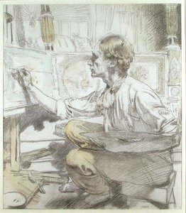 Malarz łóżka (Malarz mebli) c.1913 (akwarela na ołówku na papierze) autorstwa William Orpen