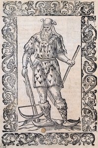 Mężczyzna w futrzanej sukience, kuszy i butach ze skręconym czubkiem (przykład szczątkowych nart), ilustracja przypisywana Cesare Vecellio (1521-1601), wydana we Włoszech w XVI wieku autorstwa Nicolas Toussaint Charlet