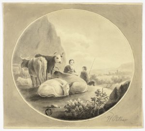 Pasterze, krowy i owce w krajobrazie autorstwa William Pether
