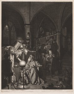 Alchymista w poszukiwaniu kamienia filozoficznego, odkrywa fosfor i modli się..., 1775.