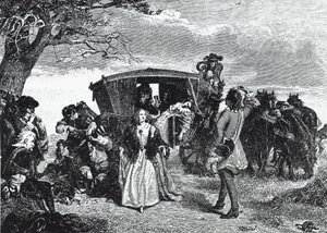 rozbójnik Claude Duval przedstawiony w legendarnym momencie, gdy odmawia zabrania całego swojego łupu, jeśli żona jego ofiary zatańczy z nim "courante" na wrzosowisku Hounslow (rycina)