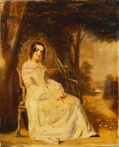 Portret Mary Freer siedzącej w małej pełnej długości na siedzeniu ogrodowym, autorstwa William Powell Frith
