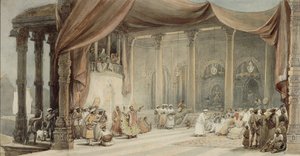 Europejczycy zabawiani przez tancerzy i muzyków we wspaniałym indyjskim domu w Kalkucie podczas Durga puja autorstwa William Princep