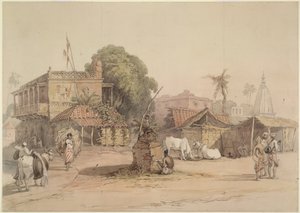 Scena wiejska z małym ołtarzem „tulsi” i nosicielem wody z jego bykiem, Indie ok. 1830-40