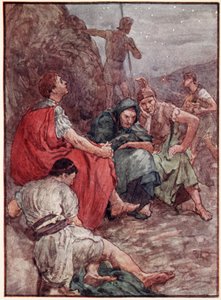 Brutus i jego towarzysze po bitwie pod Filippi, ilustracja z „Życia Plutarcha dla chłopców i dziewcząt”, opowiedziana przez W.H. Weston, Londyn ok. 1910 (kolor lito) autorstwa William Rainey