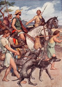 Pelopidas wyruszający do Teb, ilustracja z "Żywotów Plutarcha dla chłopców i dziewcząt", opowiedzianych przez W.H. Westona, Londyn ok. 1910 r. (kolorowa litografia)