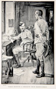 Yorke otrzymuje depeszę z Baden-Powell, ilustrację z „With Roberts to Pretoria: A Tale of the South African War” autorstwa G.A. Henty, wyd. Londyn, 1902 autorstwa William Rainey