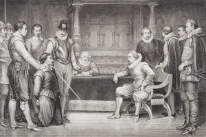 Guy Fawkes (1570-1606) przesłuchiwany przez Jakuba I (1566-1625) i jego radę w sypialni króla, z „Illustrations of English and Scottish History” tom I