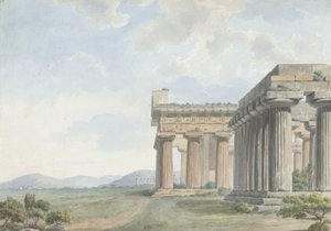 Widoki w Levant: ruiny świątyni w Paestum, ok. 1785 (toaleta z piórem i atramentem na graficie na papierze) autorstwa William Reveley