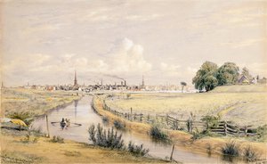 Jersey City z przebłyskiem Nowego Jorku z Kanału Bergen, 1854 autorstwa William Rickarby Miller