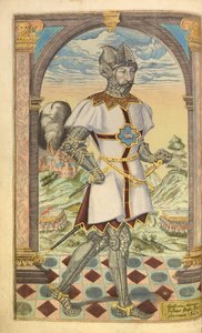 Godfrey Adelmar z nHonor Military i Civill, William Segar, wyd. Robert Barker, Londyn, 1602 (ręcznie barwiony grawerunek) autorstwa William Rogers