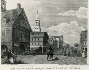 Second Street North from Market Street and Christ Church, Philadelphia, rysunek Williama Russella Bircha (1755-1834), wydrukowany przez R Campbella, Stany Zjednoczone Ameryki