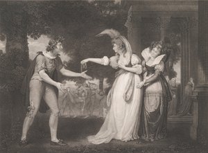 Przed Pałacem Książęcym-Rosalind, Celia, Orlando, the Duke..., po raz pierwszy wydany 1800, wznowiony 1852. autorstwa William Satchwell Leney
