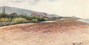 Na brzegu, Bordighera, wczesny poranek (kolorowa litografia)