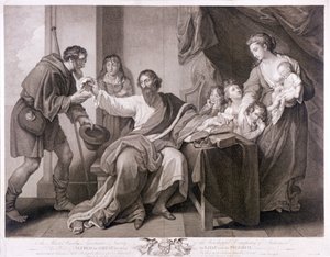 Alfred Wielki dzielący swój chleb z pielgrzymem, 1782 autorstwa William Sharpe