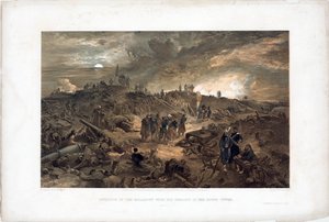 Wojna krymska (1853-1856): epizod oblężenia Sewastopola (Ukraina), wojska francuskie wśród ruin po zdobyciu wieży Malakoff, 8 września 1855 (po zdobyciu Malakoff 8 września 1855) – Litografia Williama Simpsona (18