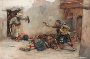 Perkusista James Roddick z 92. Gordon Highlanders, broniący porucznika Menziesa podczas walki wręcz w Kandaharze autorstwa William Skeoch Cumming