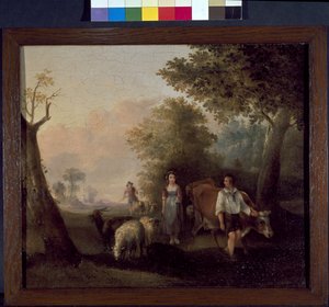 Krajobraz z bydłem i owcami (olej na desce) autorstwa William Snr. (follower of) Shayer