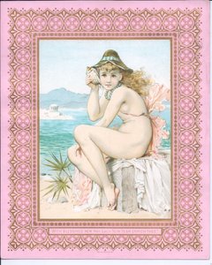 Wiktoriańska kartka noworoczna przedstawiająca kąpiącą się piękność na plaży trzymającą muszlę przy uchu, ok. 1881 r. autorstwa William Stephen Coleman