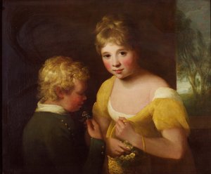 Dwoje dzieci z koszem kwiatów (olej na płótnie) autorstwa William Tate