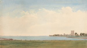 Zamek Portchester: widok z wioski Portchester, patrząc przez wodę do Portsmouth